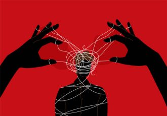 Manipulator concept vector illustration. Puppet master hands manipulate man mind, silhouette. Domination exploitation background. Mental control ropes.